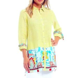 John Mark Lime Green Linen Mixed Print Button Front Shirt Top Tunic Plus Size 0X